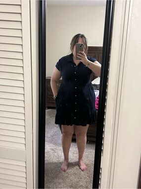 Button-Front Navy Short Sleeve Dress